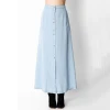 Snap Front Women Soft Jean Maxi Skirt Wholesale Long Denim Skirts