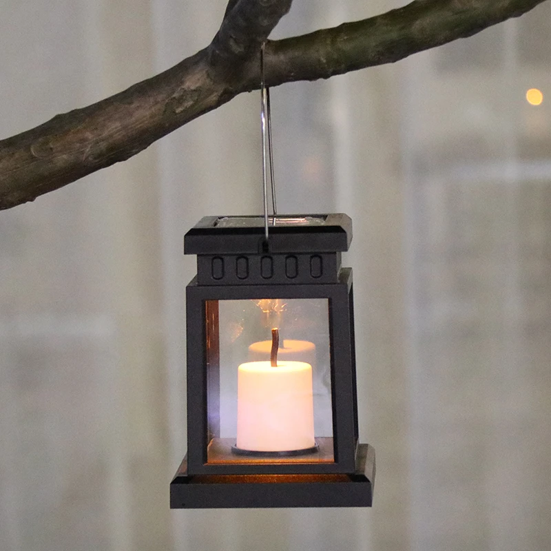 Solar Lantern Outdoor Garden Hanging Lamps Plastic LED Flameless Candles Flickering Lights Waterproof Decorative Light