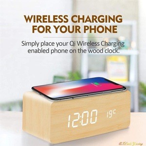Square Wood LED Alarm Clock Digital Wireless Charging Alarm Clock For Kids
