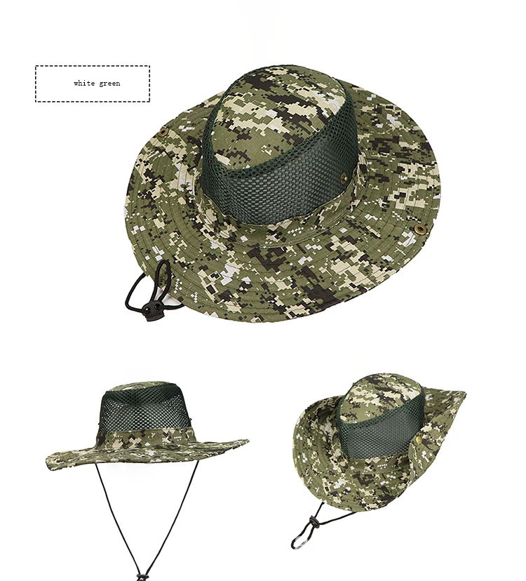 Sun Protection Fold brim Flat Top Mesh Camouflage Boonie Bucket Hat cap with string