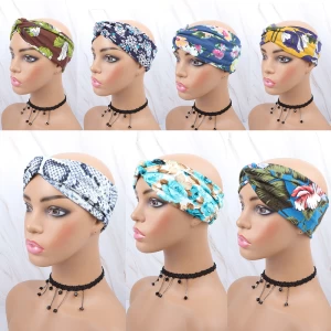 VAST wholesale colorful twisted knotted head band wrap elastic turban silk headband printed hair band accessories for women