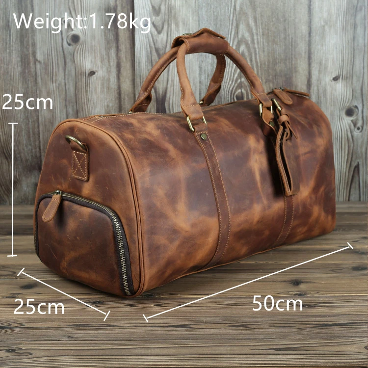 Vintage Crazy Horse Leather Mens Travel Duffle Luggage Bag With Shoes Compartment Bag