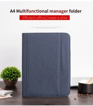 Wholesale Customized A4 Document File Folder Business Blue Fabric Canvas Zipper Portfolio With Phone