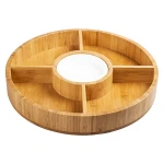 Wholesale Large Bamboo Decorative Appetizer Serving Dip Platters Tray with Compartments with Ceramic Dip Bowl