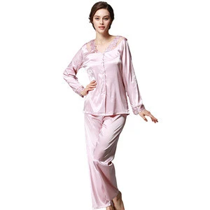 Wholesale Long Sleeve Pajamas silk Lady sexy lace PJ Set women satin Sleepwear