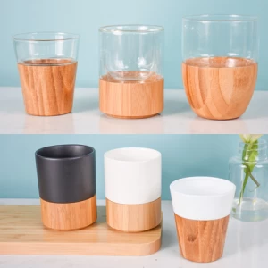 Wholesale white and black reusable tea milk ceramic mug custom logo porcelain coffee cup with bamboo bottom
