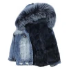 Women coat Winter Jeans Short European Denim Jacket With raccoon Fur Collar fox fur lining Coat