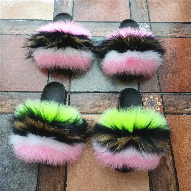 Women Large Raccoon Fur Slides Custom Extra Fluffy Full Fox Fur Slippers Natural Big Fur Slides