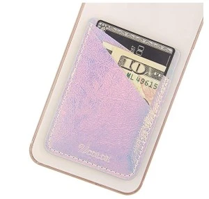 YZORA  2 Pack Cell Phone Card Holder Sticker on Back of Phone Holographic Iridescent Silver PU Leather Wallet Pocket