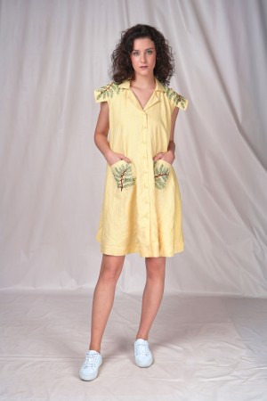 Yellow shirt dress with leaf embroidery