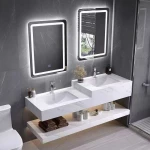 Stone Bathroom Vanity White Double Sink Rectangle Mirror Bath Vanity with Faucet