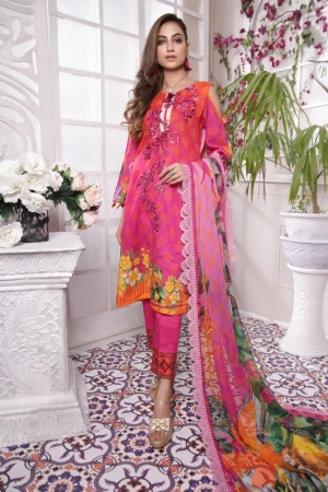 Asian dresses 3piece unstitched dresses collection 2021 Embroidered Neckline Digital Printed Aura Lawn Vol. 11 ALV-04