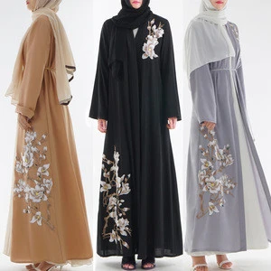 2019 New Maxi Modern Abaya Embroidery Islamic clothing Black Open Kimono