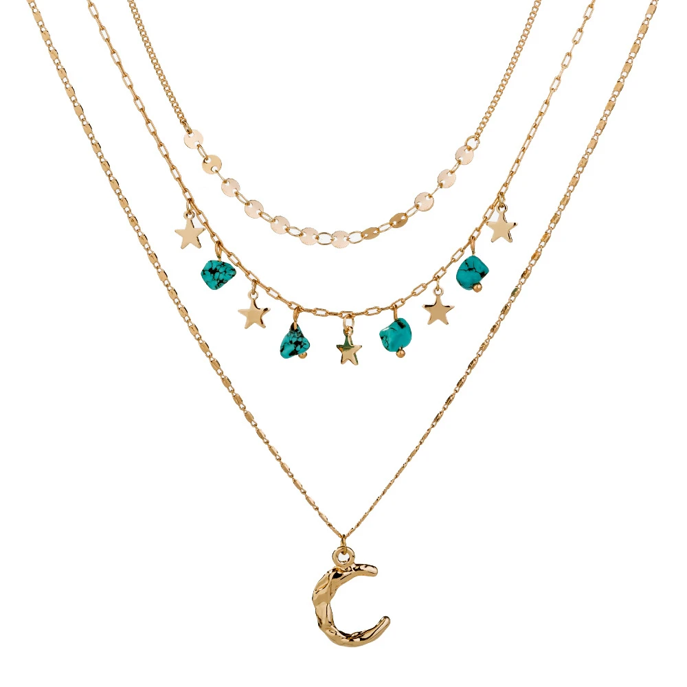 2020 Christmas Gift  Natural Turquoise Star Crescent Moon Clavicle Gold Multi Layer Chain Necklace