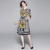 2021 autumn fashion vintage slim digital printing bowknot lace-up long sleeve wholesale casual dresses women lady elegant