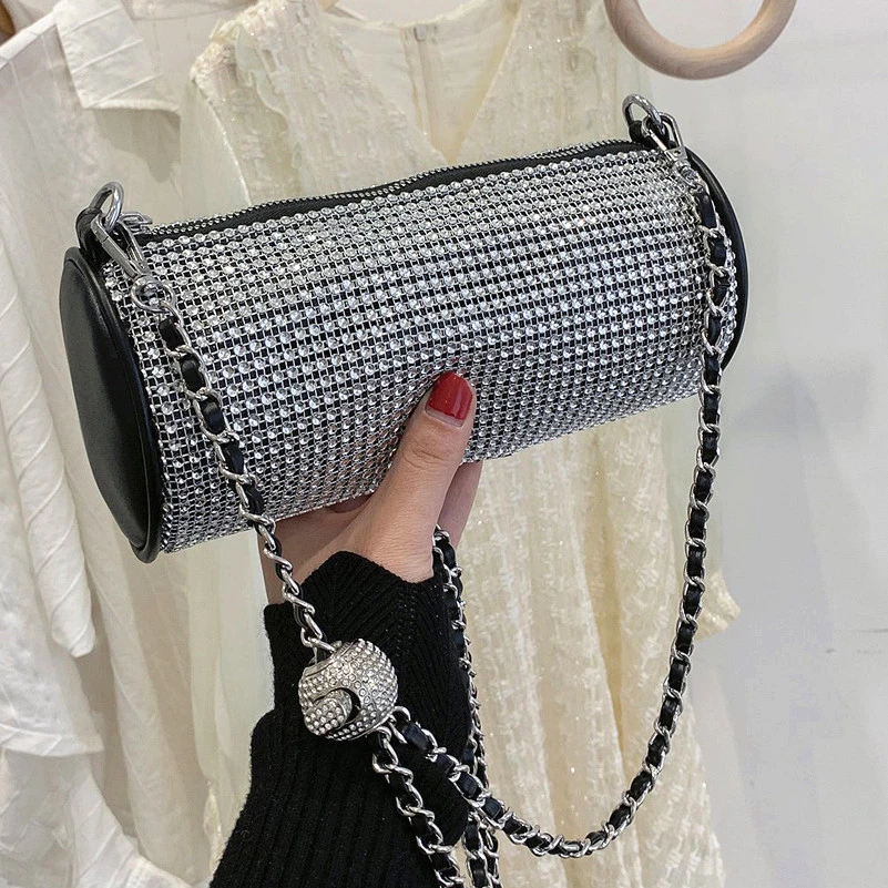 2021 Luxury summer bling mini barrel-shaped ladies clucth shoulder crossbody bag women diamond purses handbags with chain