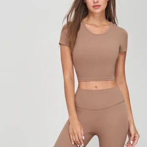 2024 Summer new arrival solid color short sleeve fitness sports t shirt round neck skin friendly breathable women yoga tops