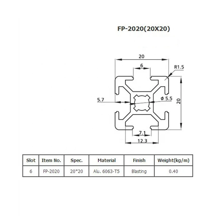 20x20 Industrial anodized alloy t slot aluminum extrusion for 6063 T5 aluminum profile (FP-2020)