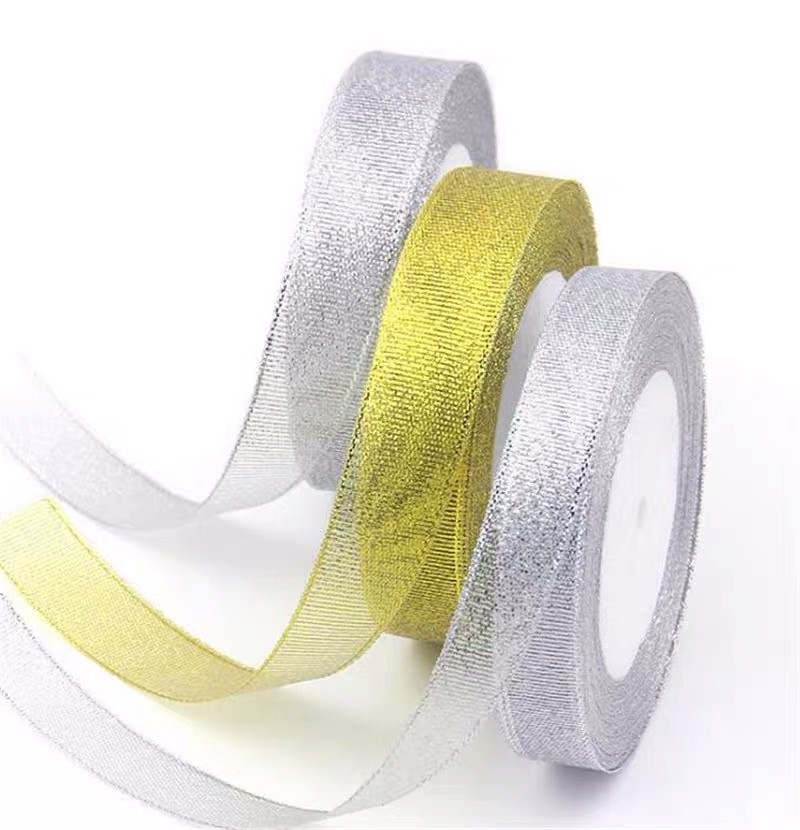 3/4&quot; Gift Packing Ribbon 100% Polyester Gold And Silver Metallic Ribbon For Decoration