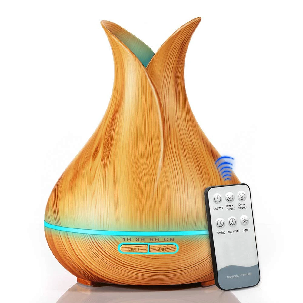 400ml Remote Control Aroma Essential Oil Diffuser Ultrasonic Air Humidifier with Wood Grain 7 Color Changing LED Lights