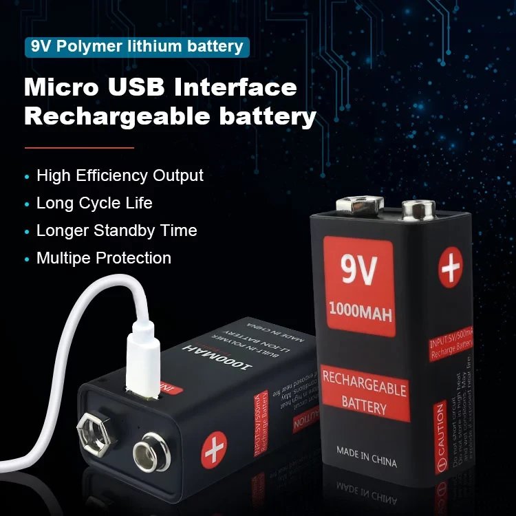9V 1000mah 800mah 500mah Mini USB Rechargeable Battery for Multimeter Instrument with Micro USB Charging Port