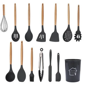 Amazon hot sale food grade cooking tools kitchenware silicone cooking utensil sets with wooden handle spoon turner spatula tong