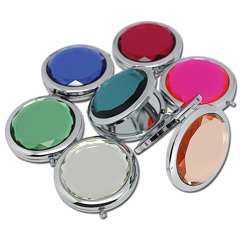 Amazon Hot Sale Metal Round Mini Compact Makeup Mirror With Red Diamond Shape Crystal Pocket Mirror