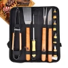 Best price 9 pcs wooden handle bbq grilling tools in a nylon carry bag