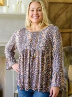 C CLOTHING Womens Purple Floral Print Round Neck Plus Size Modest Babydoll Blouses