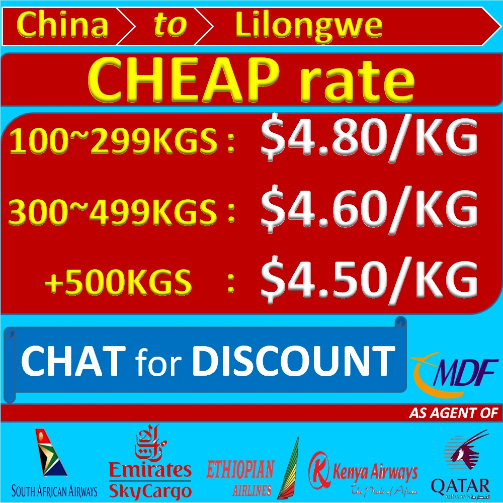 Cheap Air Freight Rate China to Lilongwe Malawi by SA About 6 Days Air Cargo Shipping Cost Guangzhou to Lilongwe Kumuzu Airport