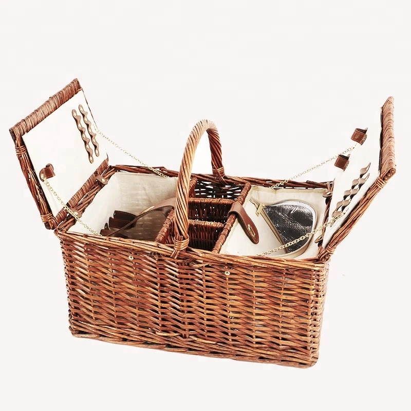China Supplier Quality Products oem customized wholesale Wine handle Basket Wicker rattan insulated Picnic Basket hamper for 4