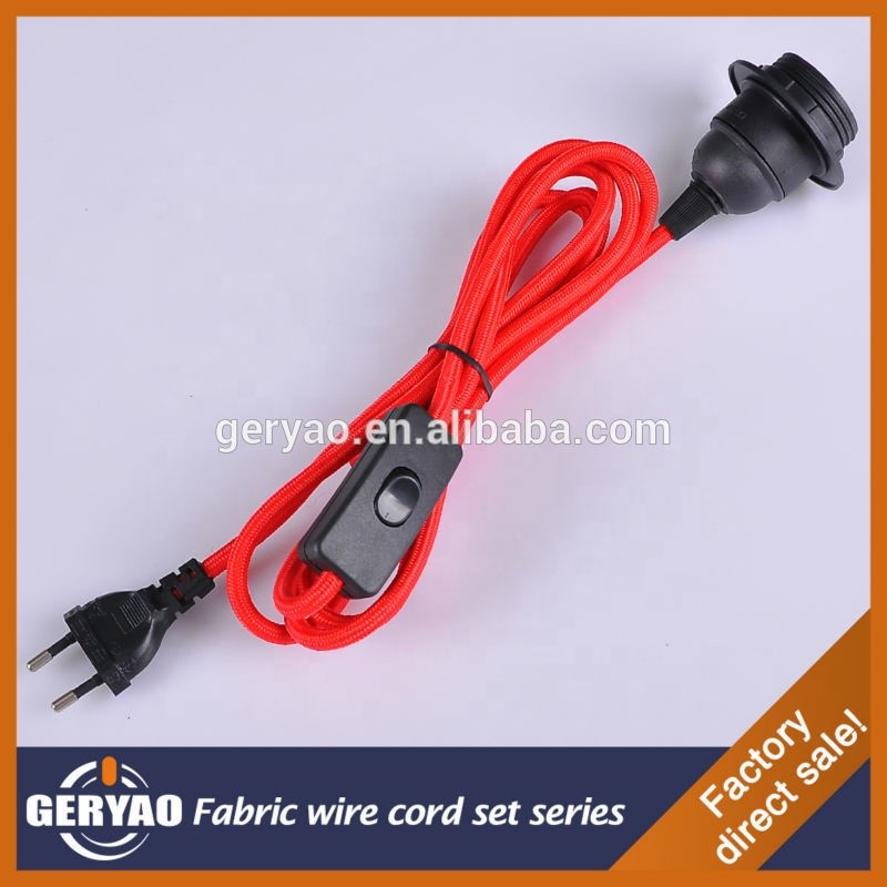 Colourful fabric braided electrical wire with plug, cord switch, E27 lamp socket