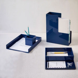 Custom blue acrylic desk organizer plexiglass desk set lucite stationery holder