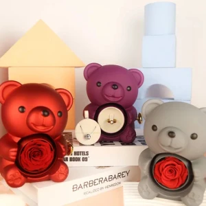 Cute Bear Acrylic Jewelry Box With Necklace Rotatable Eternal Rose Flower Jewelry Case For Valentines Day Gift Must Have
