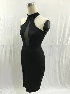 Drop shipping black transparent pencil dress halterneck back zip party dresses women