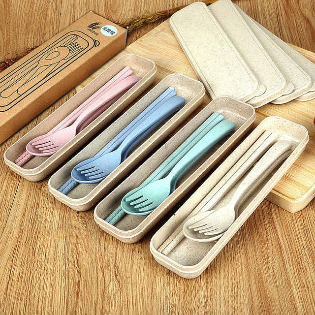 Eco-friendly bamboo tableware set knife fork spoon chopsticks portable cutlery set with box packaging plastic spoon fork knife
