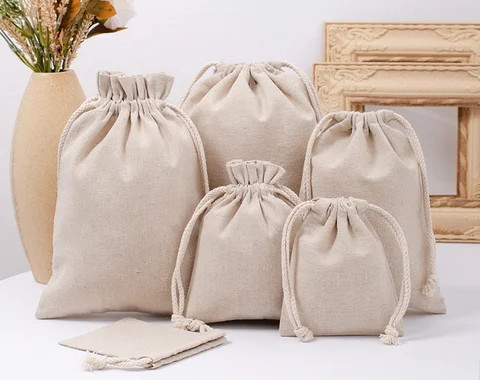 Eco-Friendly Small Linen Flax Fabric Drawstring Pouch Bag for Gifts and Jewelry Packaging