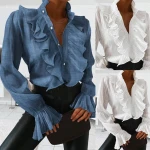 elegant v neck button office lady blouse shirt utumn winter long sleeve women tops pullover  polka dot ruffle casual blusas