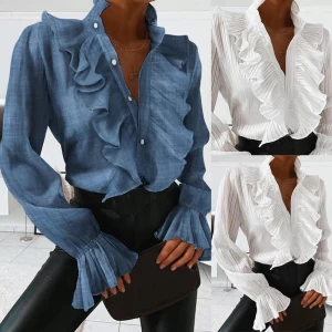 Elegant V Neck Button Office Lady Blouse Shirt utumn Winter Long Sleeve Women Tops Pullover Sexy Polka Dot Ruffle Casual Blusas