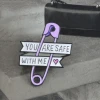 Enamel purple You are Safe with me Safety Pin Brooch Lapel Pin Jewelry with bulk stock No stock