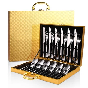 Factory wholesale 24 pcs dinner knife fork spoon set gift with Portable Storage Wooden Box Silverware Cutlery Set