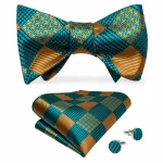 Fashion Cyan Gold Jacquard Check Self-Bow Tie Set for Mens