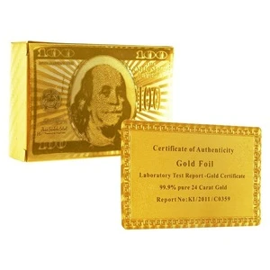fashionable transparent plastic business colored gold plated 24k playing cards with 100US Dollar design