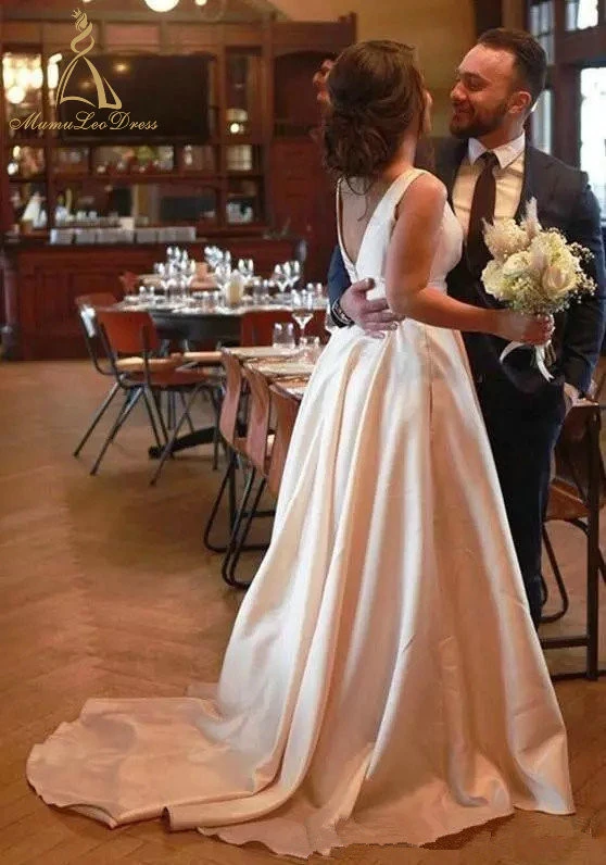 Floor Length Bow V Back Sleeve Satin Simple Elegant Modern Wedding Dress With Pocket