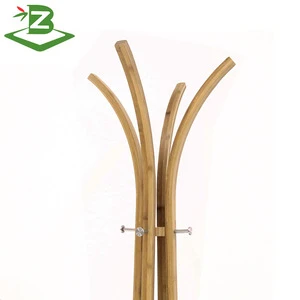 Free standing natural bamboo wooden coat rack with 3 metal hooks