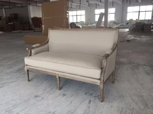 French country style solid wood antique linen fabric classic upholstery sofa,living room high end three seat upholstery sofa