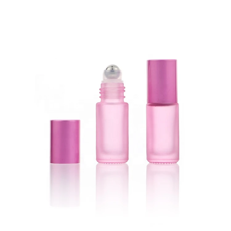 Frost Pink Glass Essential Oil Roller Bottles 5ml 10ml With Stainless Roller Ball