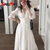 Garemay White Summer Vintage Dress Midi Button V Neck Maxi Korean Elegant Dresses Women Casual Long Summer Dresses