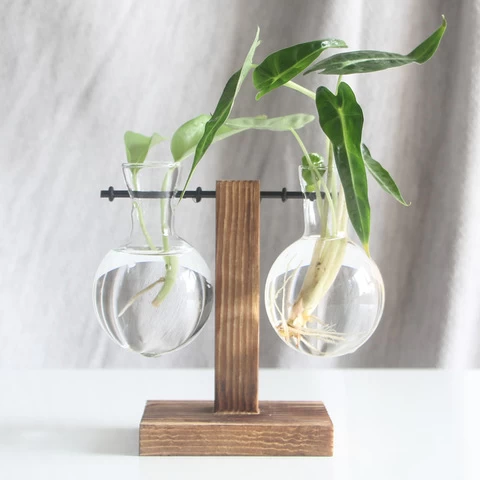 Glass Tabletop flower vase Hydroponic Plant Home Decor Vase with Wooden Frame vase decoration
