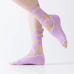 Good Quality Women Solid Cotton Non Slip Grip Toeless Ribbon Yoga Dance Socks